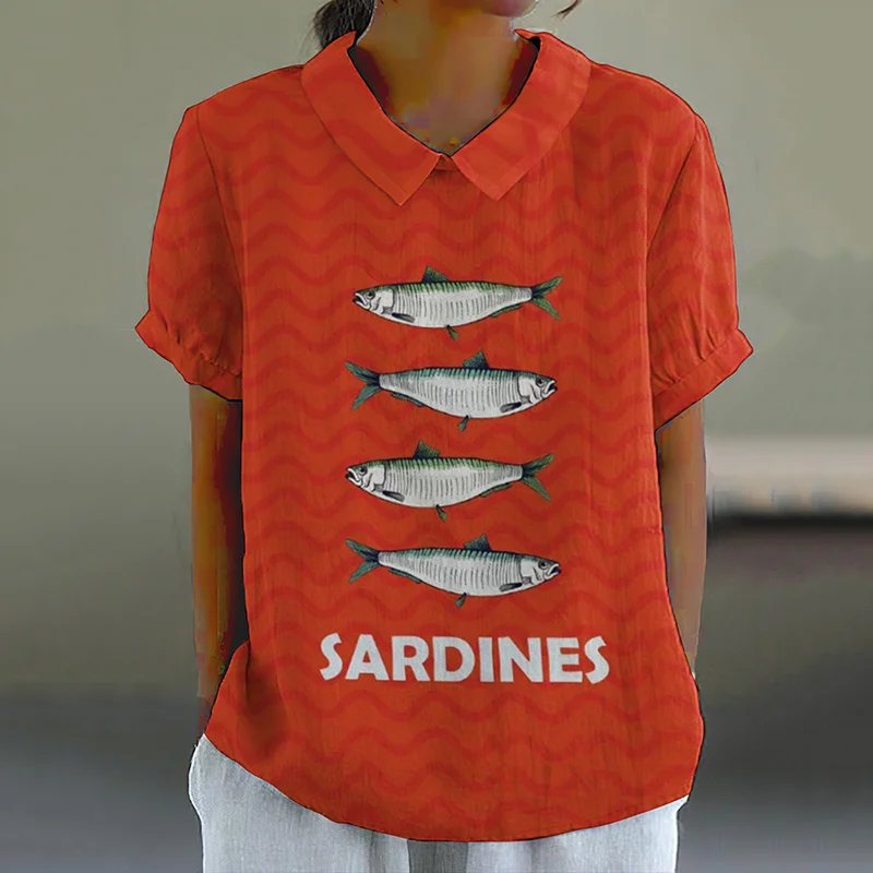 Retro Wave Sardines Fish Art Pattern Printed Casual Women's  Cotton Linen Shirt