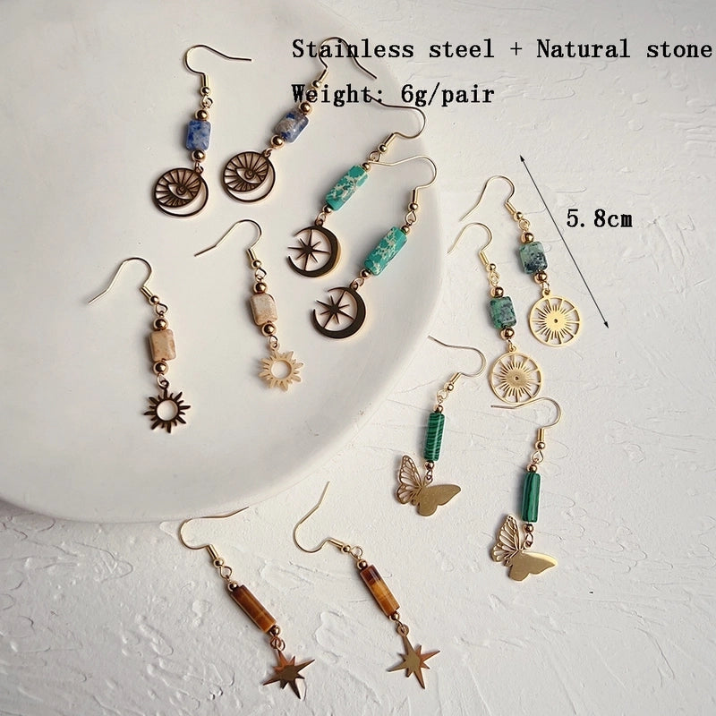 1 Pair Ethnic Style Star Moon Stainless Steel Natural Stone Drop Earrings