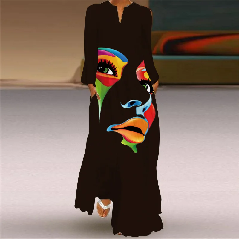 V-Neck Long Sleeve Printed Loose Long Dress