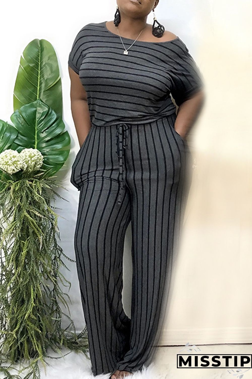 Light Blue Sexy O Neck Striped Print Stripe Plus Size