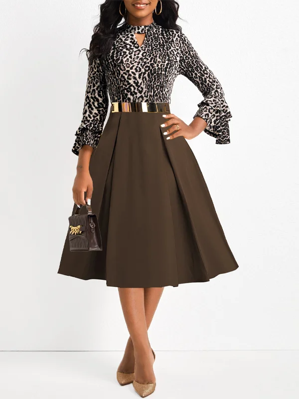 Patchwork Leopard Print Stand Collar Dress