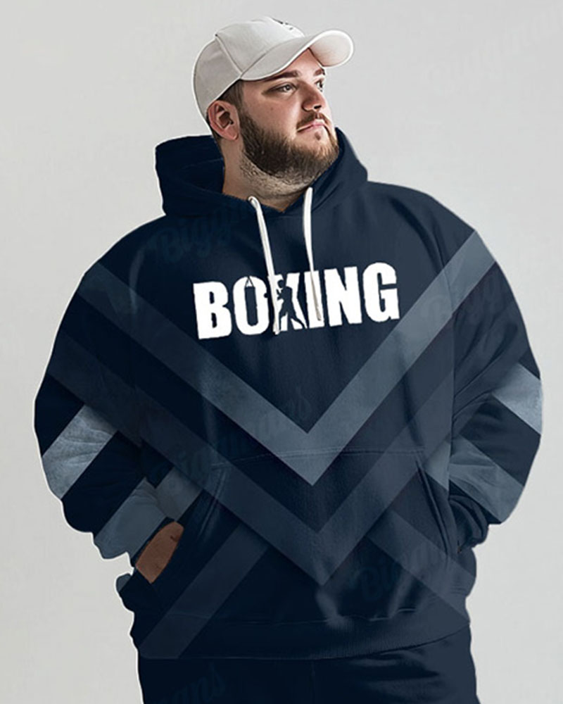 Men's Daily Casual Blue Stripe Boxing Letter Print Big and Tall Hoodie Set