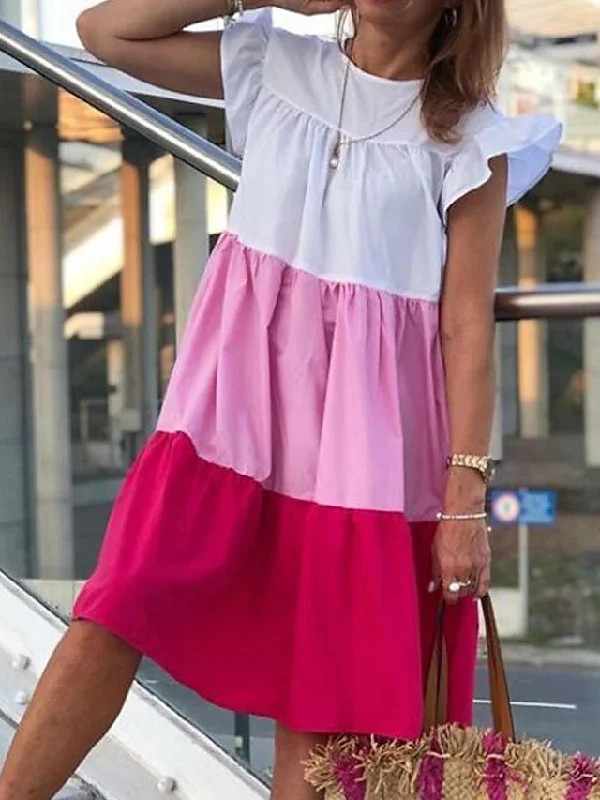 Cap Sleeve Contrast Color Round-Neck Midi Dresses