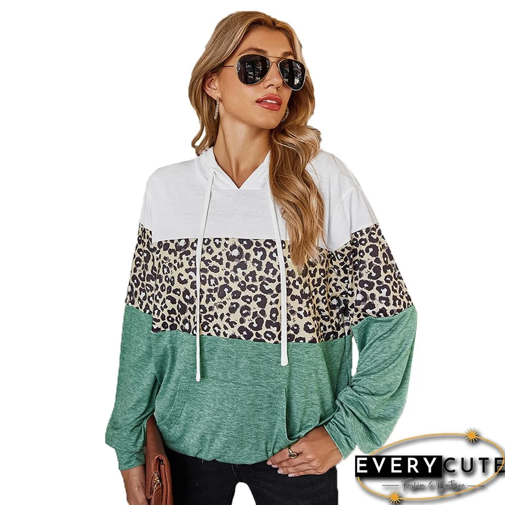 Green Colorblock Splice Leopard Long Sleeve Hoodie