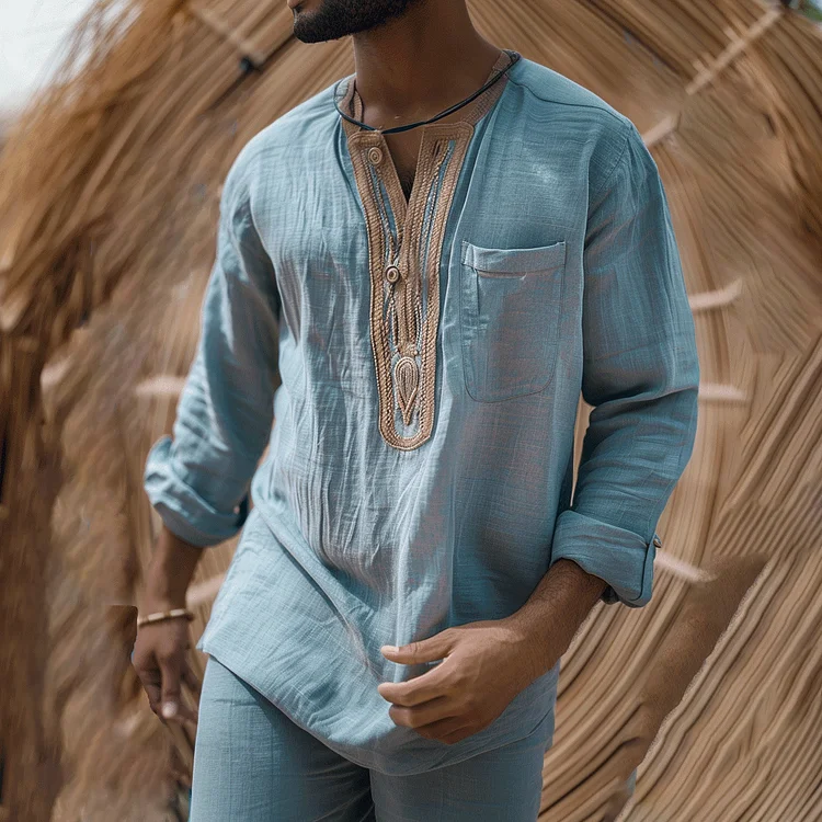 Men's Retro Pocket Linen Long Sleeve Shirt