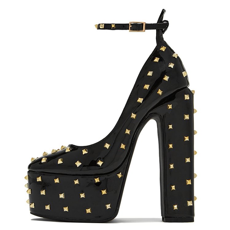 TAAFO Nude Square Toe Patent High Heels Women's Platform Rivets Pumps 
