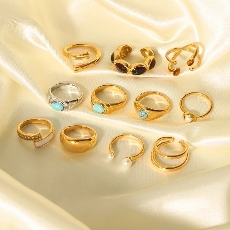 IG Style Retro Geometric 304 Stainless Steel Natural Stone Rhinestones Zircon 18K Gold Plated Polishing Plating Inlay Rings