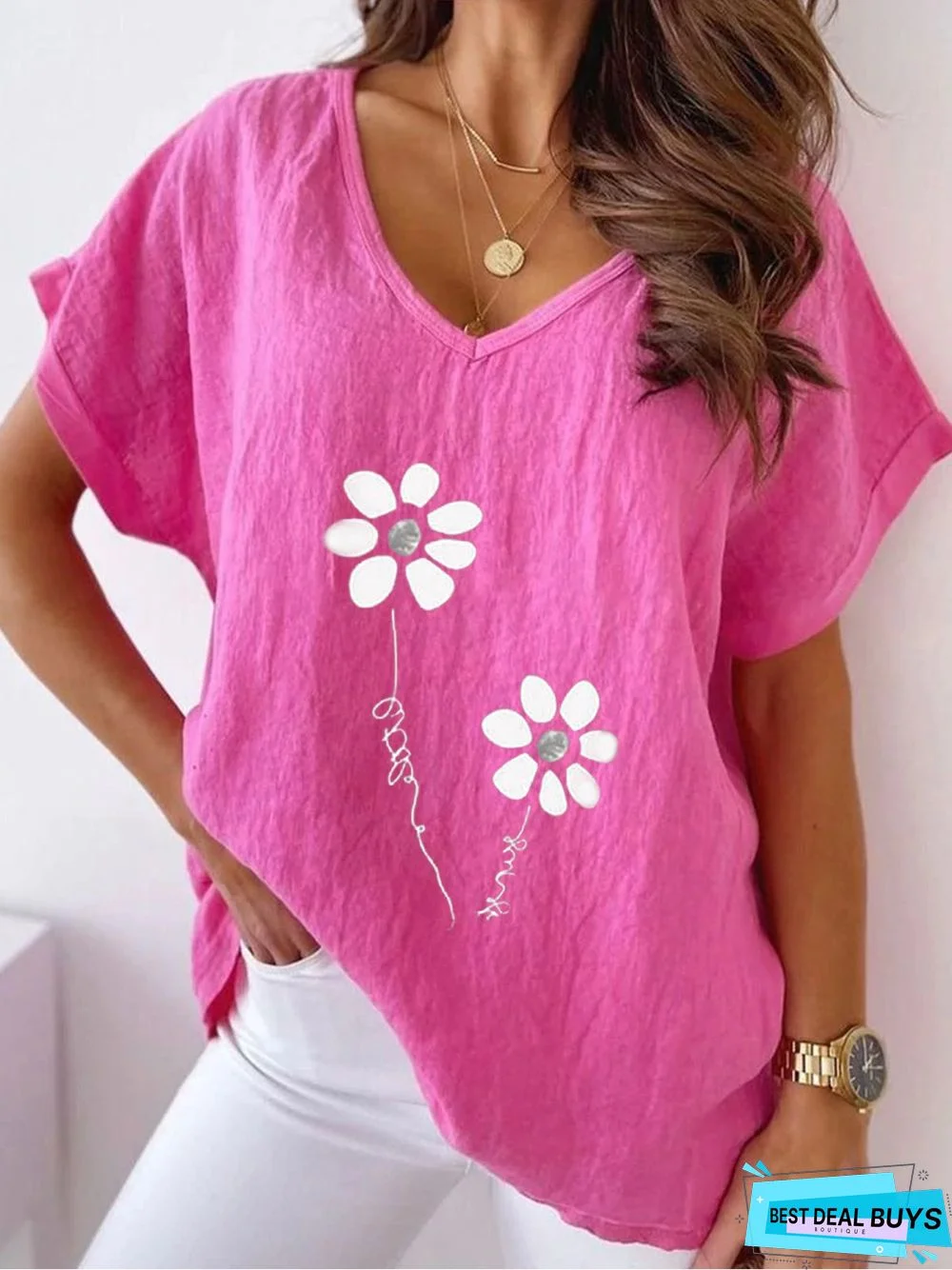 Casual Floral V Neck Loosen Short Sleeve Top