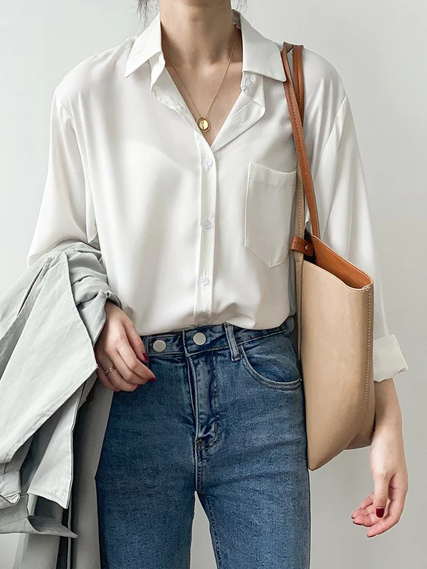 Urban Solid Color Lapel Long Sleeves Blouse