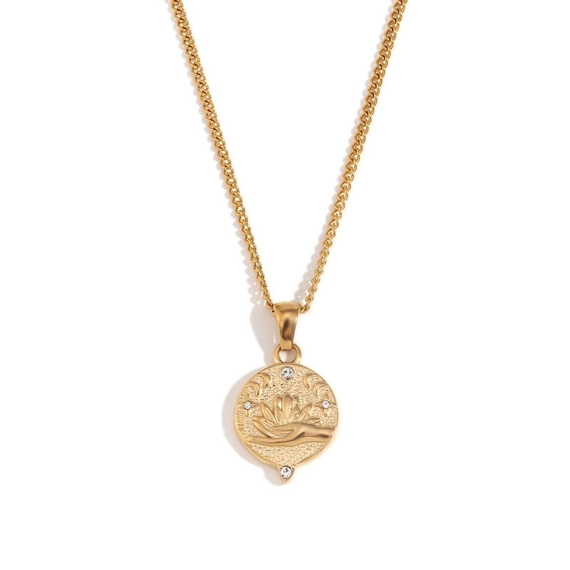 Casual IG Style Geometric Sun Gesture Titanium Steel Zircon 18K Gold Plated Inlay Pendant Necklace