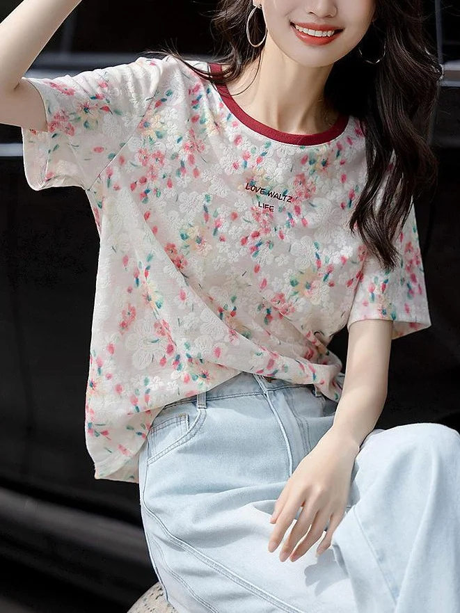 Athvotar Athvotar Summer Design Feeling Slammed Collar Bottom Shirt Loose Breathable Letter Embroidered Short-Sleeved Women's T-Shirt