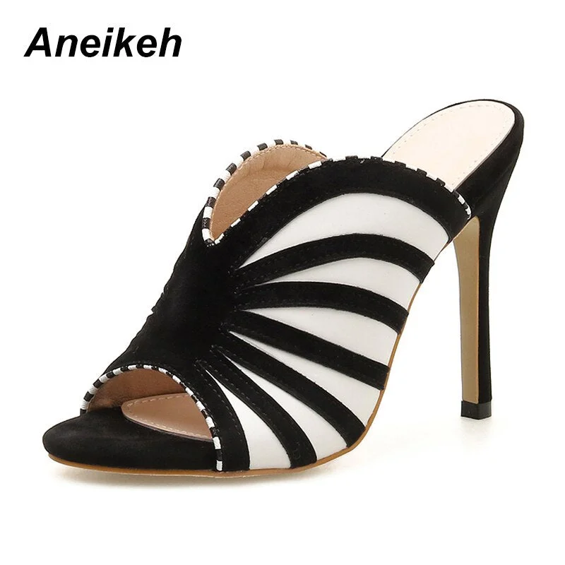 Aneikeh Zebra Stripe Peep Toe High Heel Dress Slippers Summer Fashion Slip On Thin Heels Slides Women Mules Black Size 35-40