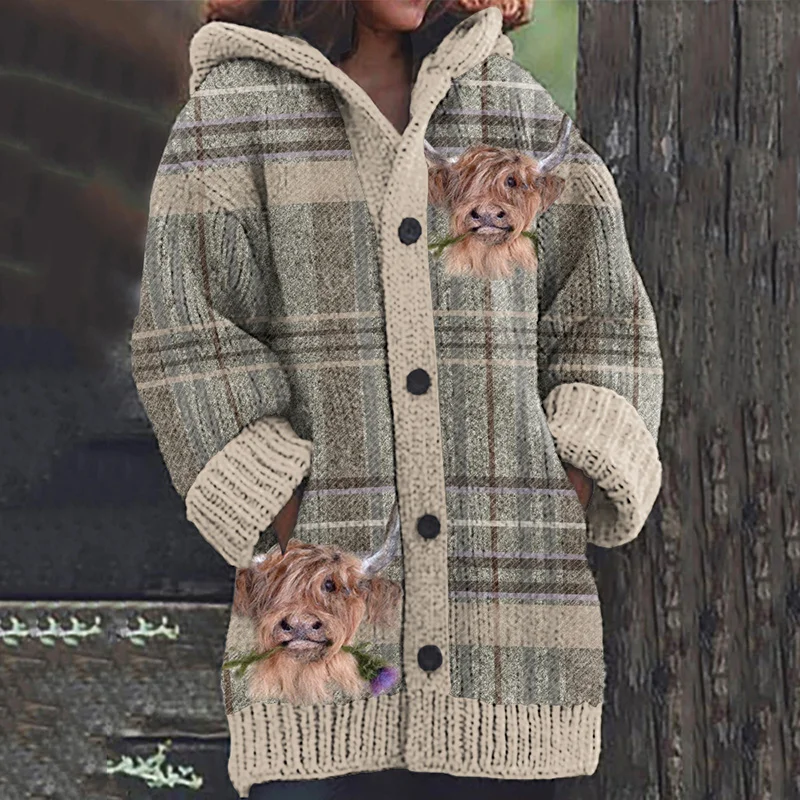 Plaid Highland Cow Knit Hooded Cardigan