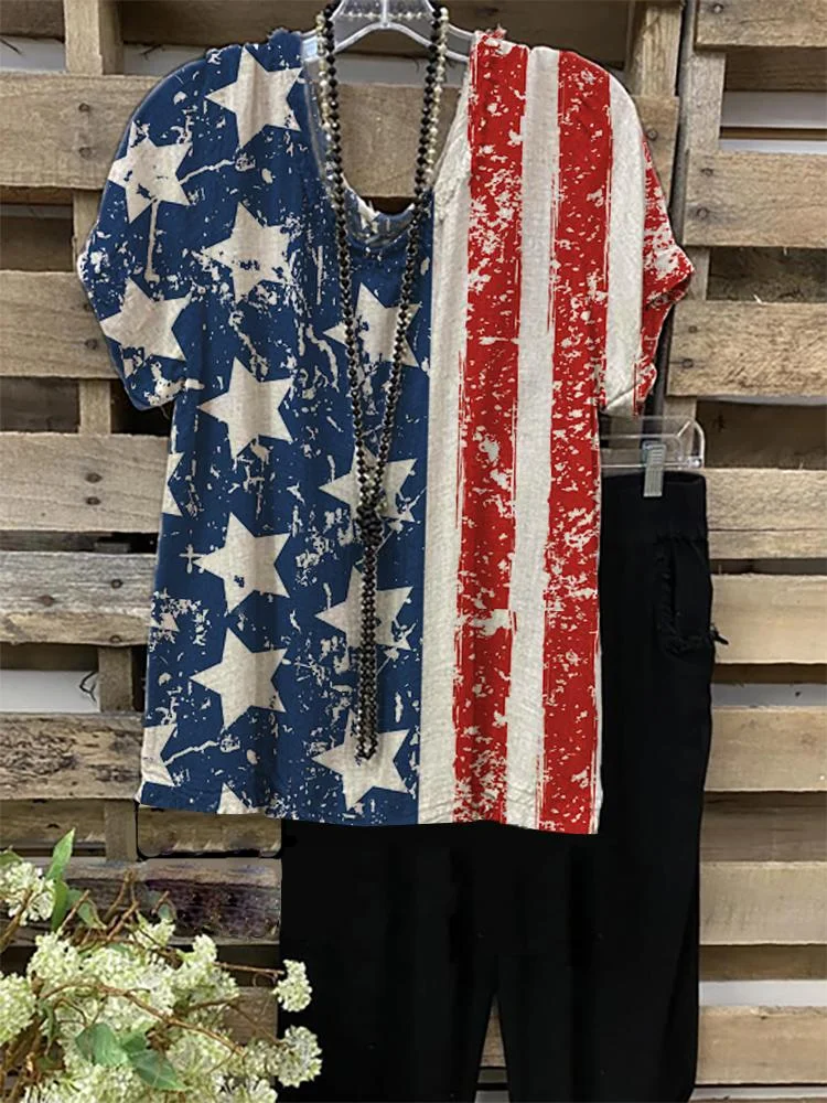 Women's New Casual Flag Printing V-neck Short-sleeved T-shirt