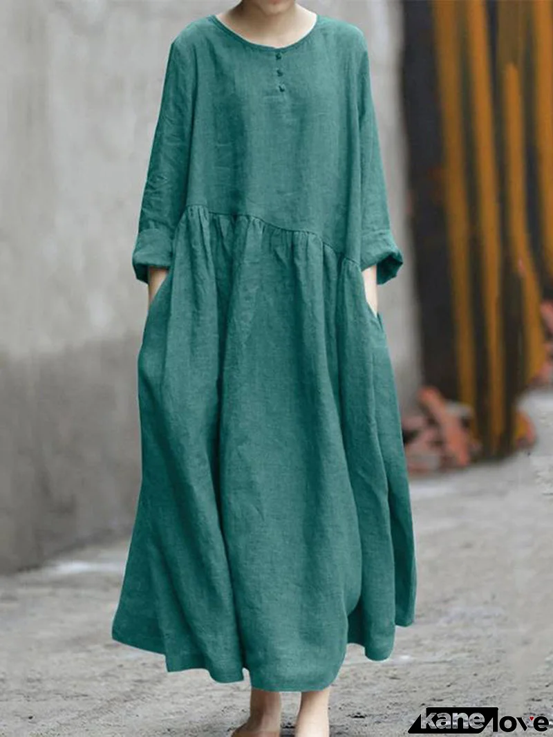 Pure color cotton and linen irregular stitching round neck pocket long sleeve dress large swing dress