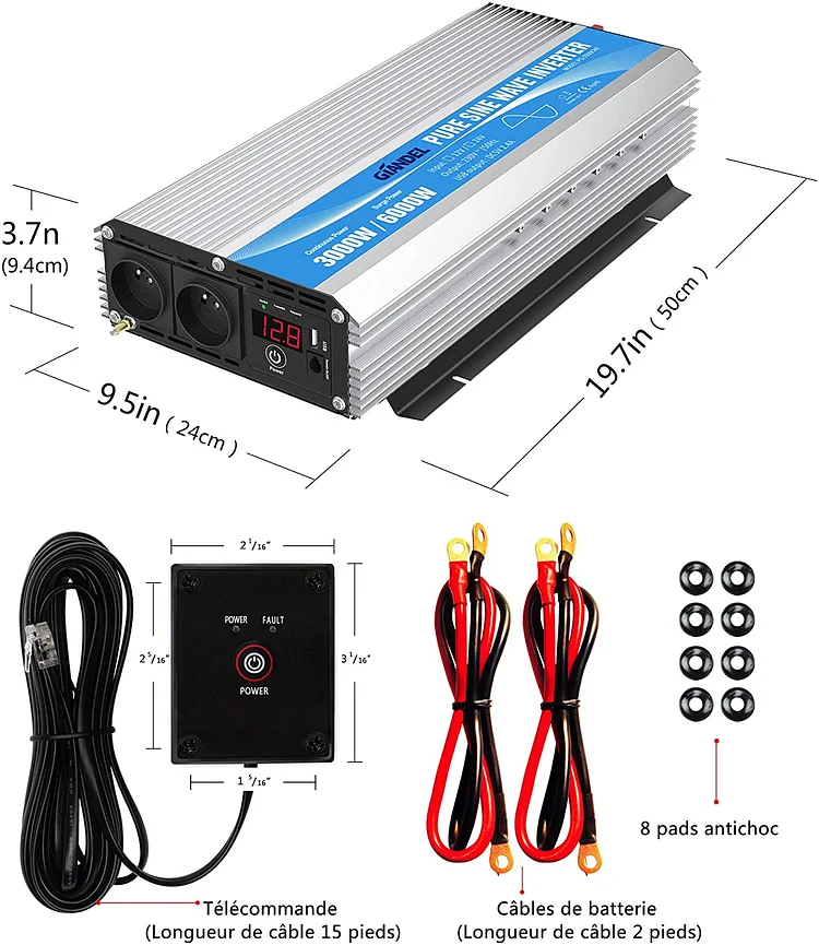 Pour la France】3000W Pure Sine Wave Power Inverter DC 12V to AC 240V  converter with Remote Dual AC Outlets&LED display for RV Truck car home use  GIANDEL