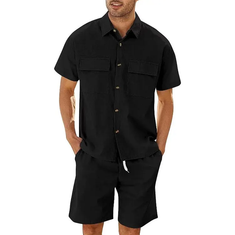 Men's Casual Solid Color Cargo Short Sleeved Shirt And Shorts Set 