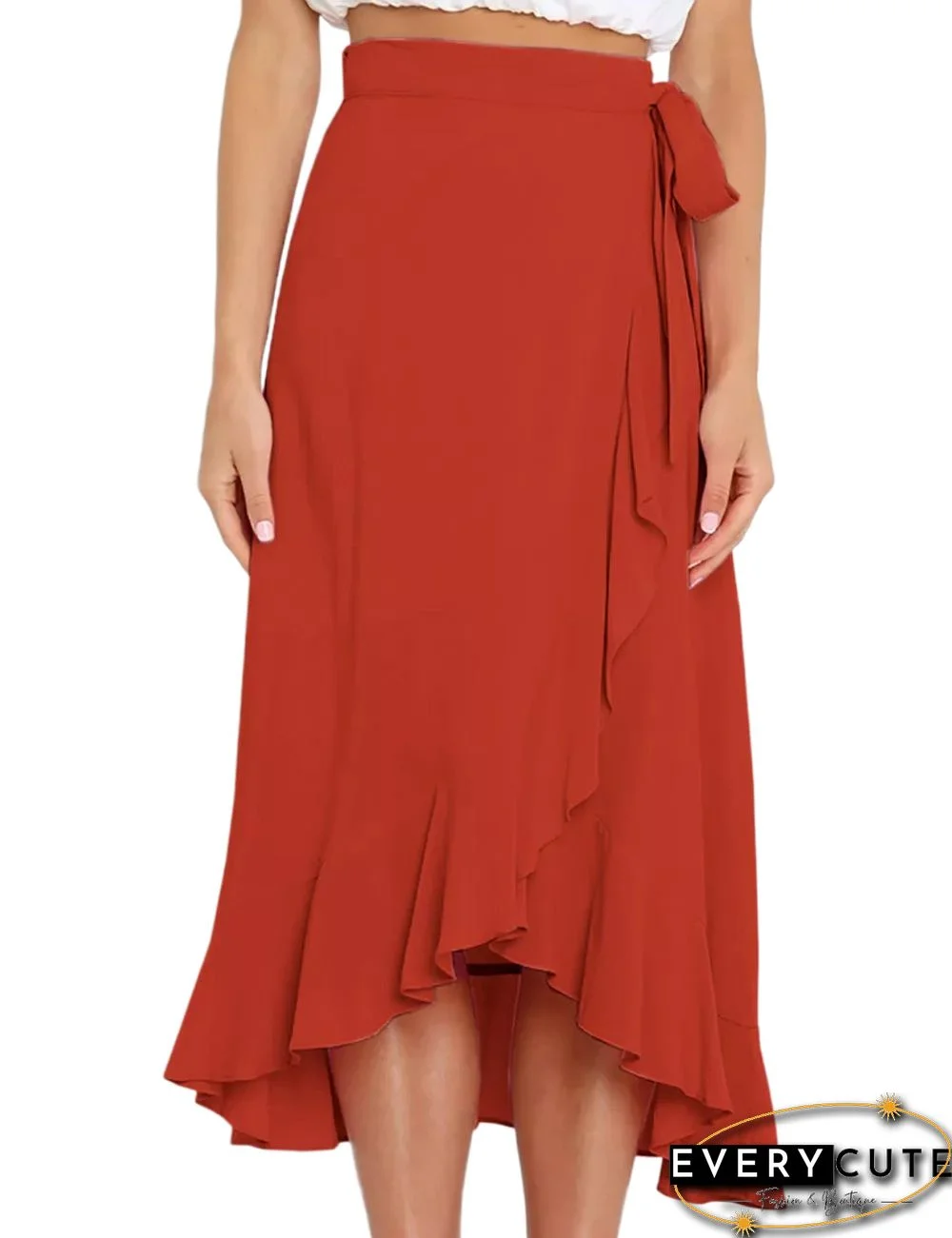 Tangerine Ruffle Hem Lace-up Maxi Skirt