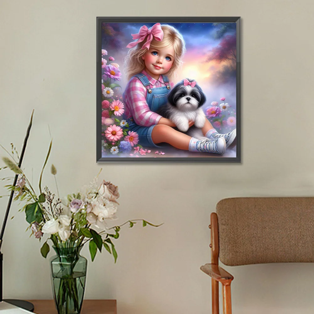 Diamond Painting - Full Round Drill - Garden Girl Dog(Canvas|30*30cm)
