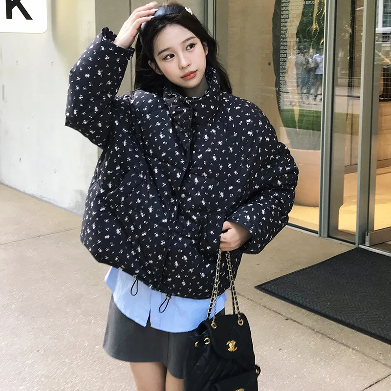 Woherb Small Flower Stand Collar Short Down Cotton Jacket 2024 New Small Bread Jacket Female Winter Korean Cotton-Padded Jacket-Outfit Ideas