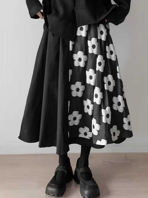 Vintage Mesh Flower Patchwork High Waist Skirt