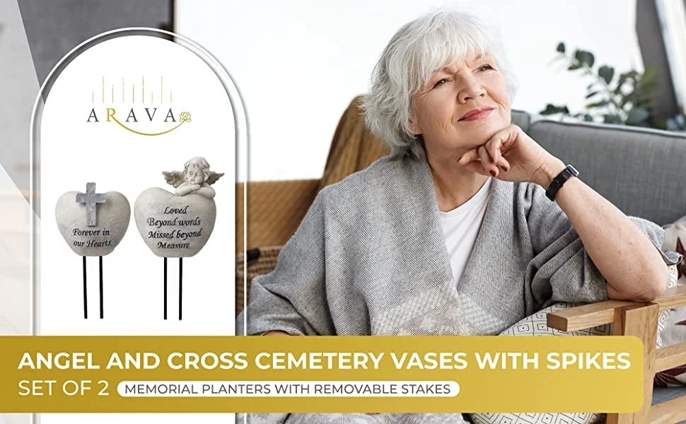 Angel and Cross Cemetery Vases with Spikes (set of 2)