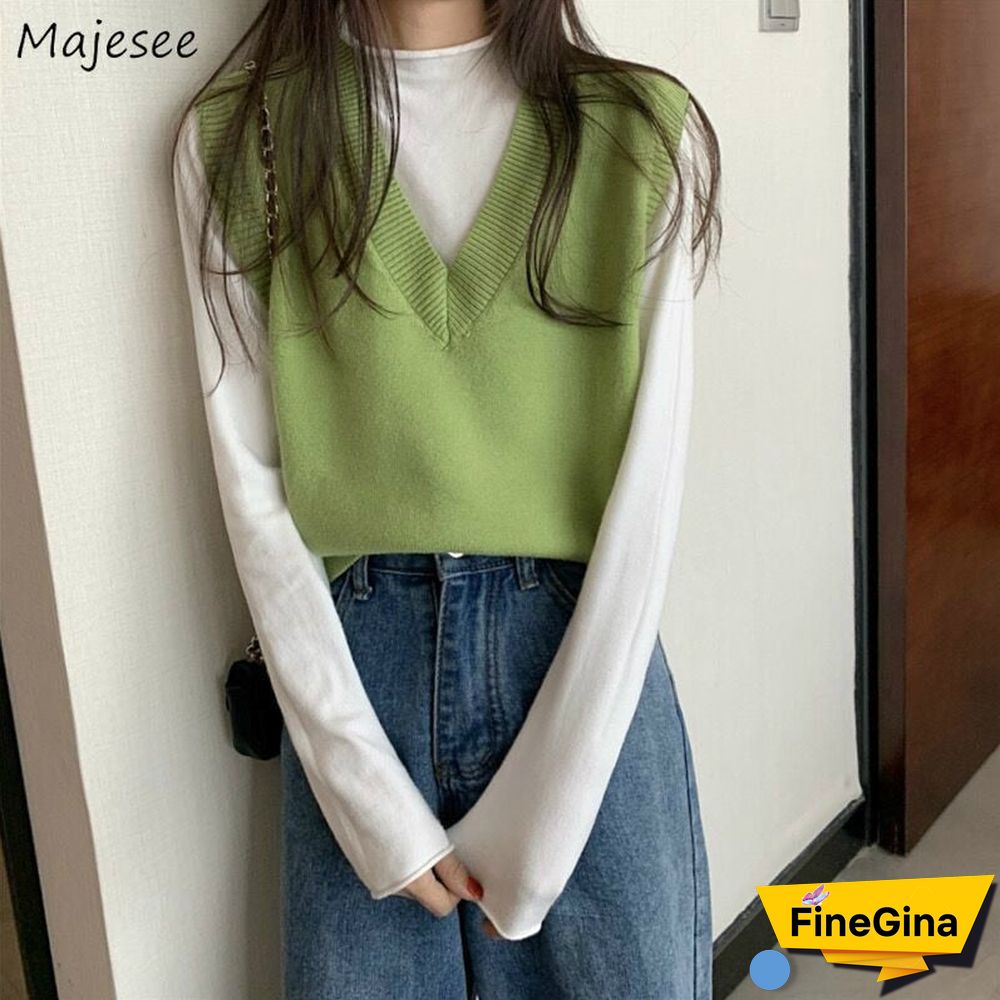 Sweater Vest Women Solid Autumn Winter All-match Leisure Outerwear Knitted V-Neck