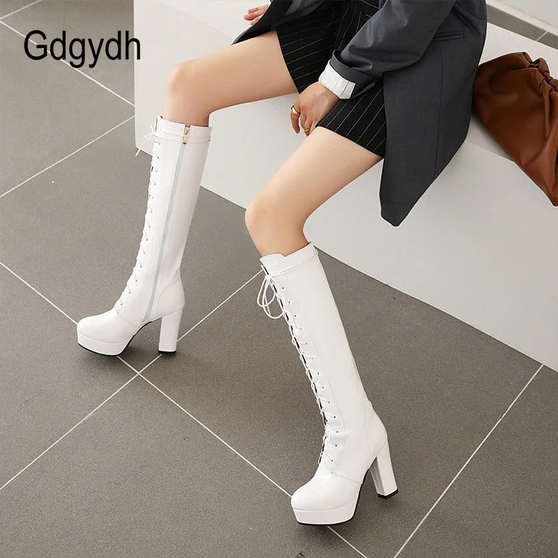 Gdgydh 2020 Patent Leather Women Knee-High Boots Red Wedding Boots Lace-up Round Toe Thich High Heels Female Boots Plus Size 48