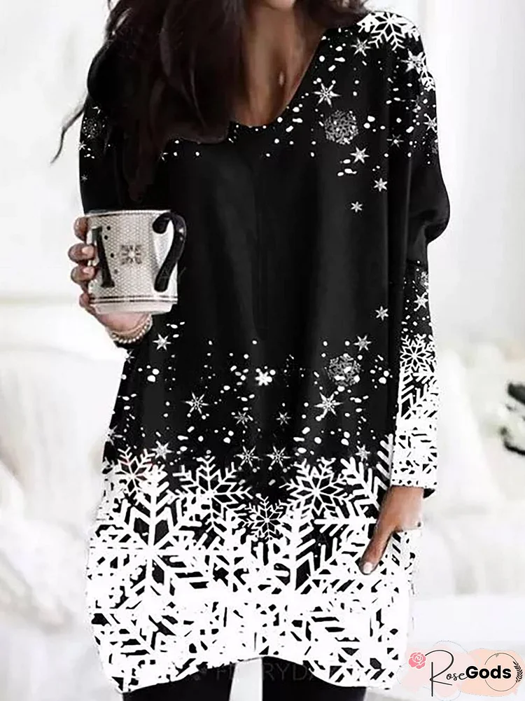 Casual Snow Floral Print Long Sleeve V-Neck Tunic Tops