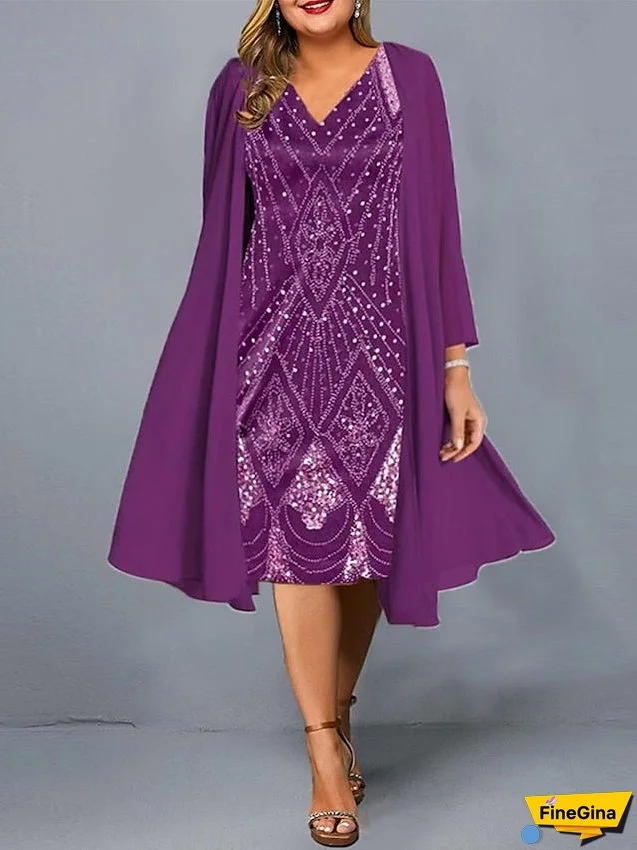 Women‘s Plus Size Curve Casual Dress Dress Set Two Piece Dress Floral Geometric Midi Dress Long Sleeve Print V Neck Fashion Daily Black Wine Spring Summer L XL XXL 3XL