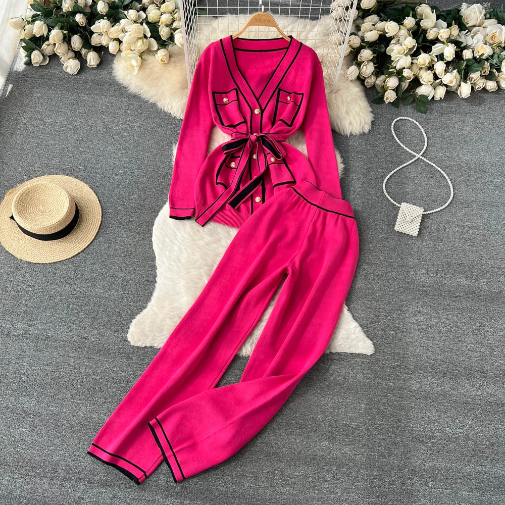 Toloer Fashion Sweater Two Pieces Sets Ladies Long Sleeve Knit Cardigan+Wide Leg Knit Long Pant Sets Women OL Knitted Suits