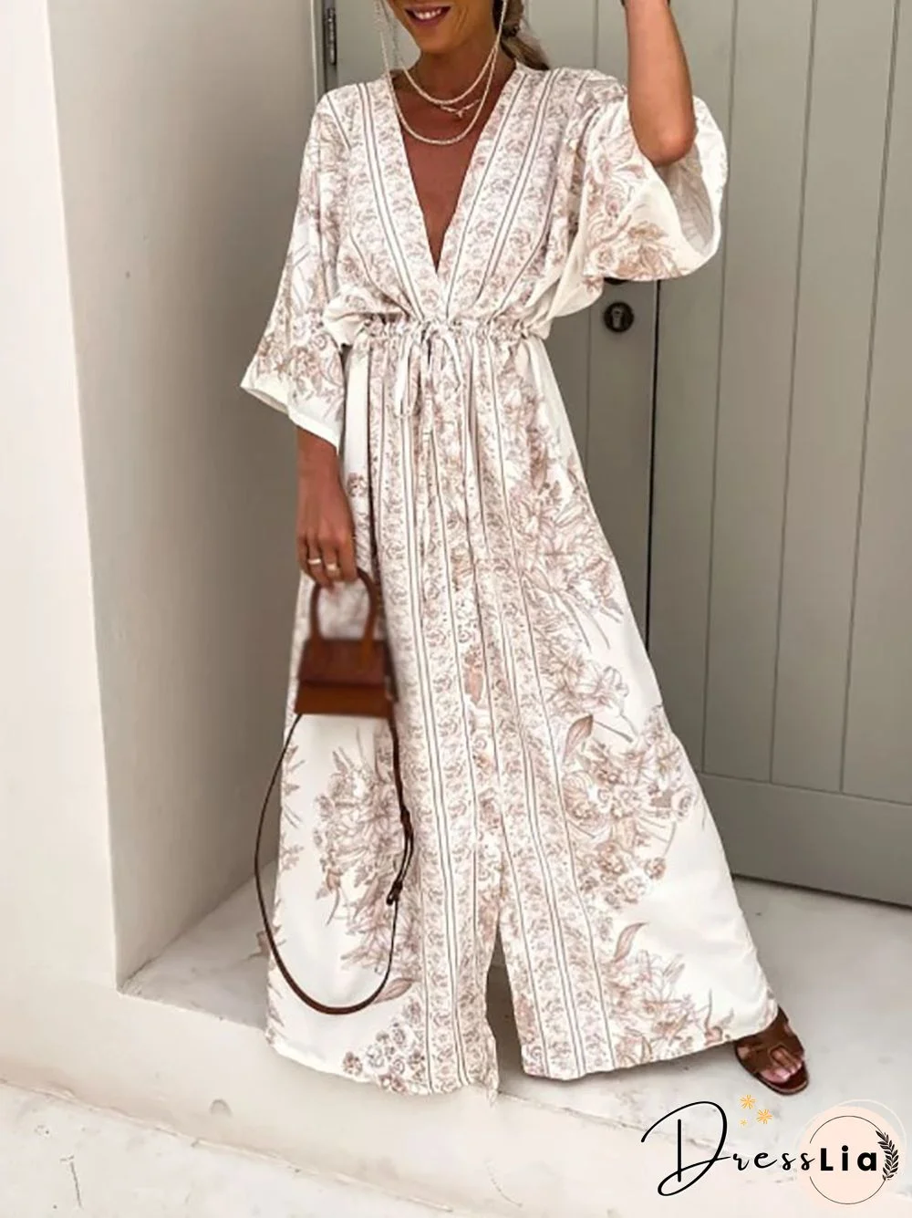 New Boho Print Short Sleeve Women Dress Drawstring Waist Summer V Neck Loose Dress Sexy Split Folds Robe Dress Vintage Vestidos