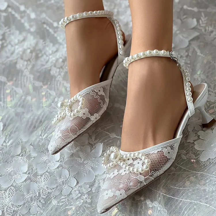 Ivory Pointed Lace Pump Elegant Pearls Bow Shoes Wedding Kitten Heels |FSJ Shoes