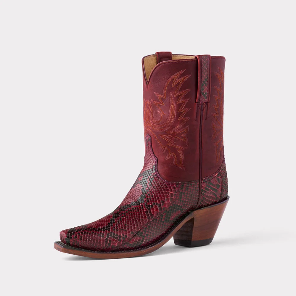 Burgundy Snip Toe Python Embossed Stitching Western Mid-Calf Boots