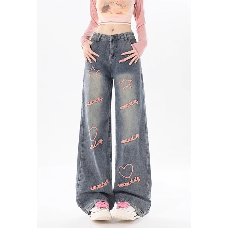 Aiertu American Blue Vintage Style High Waist Embroidery Jeans Pants Spring Women's Baggy Y2K Wide Leg Denim Trouser Female Clothes Aiertu