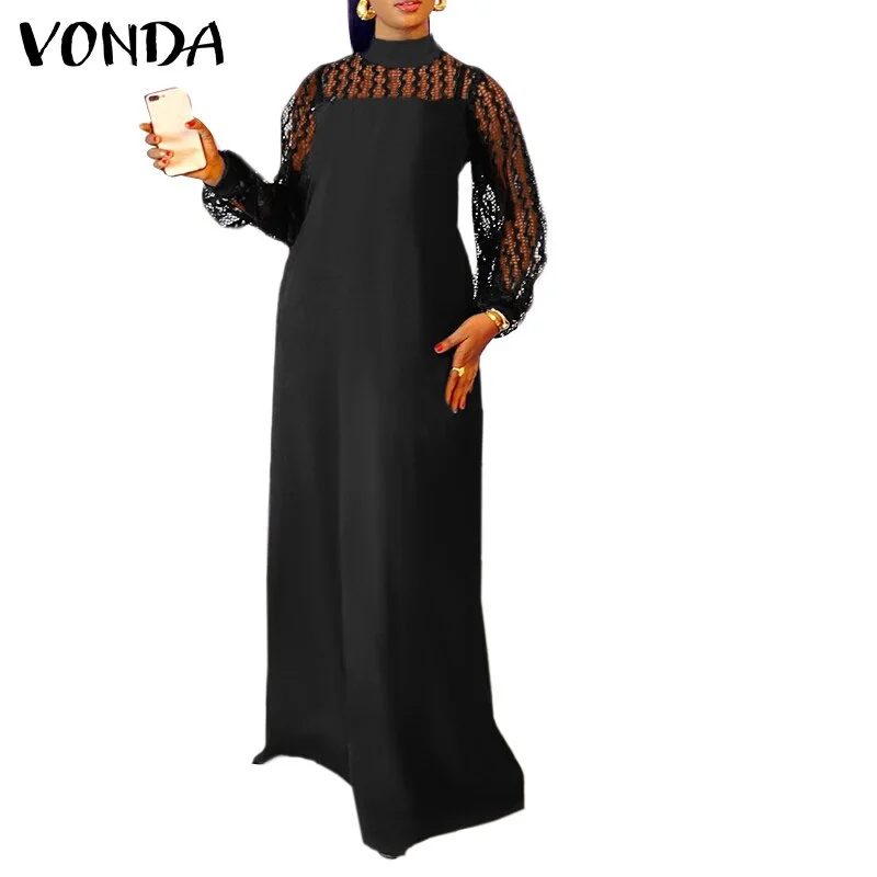 Women Elegant Long Dress 2022 VONDA Sexy High Neck Lace Patchwork Long Maxi Dress Beach Baggy Lantern Sleeve Vestido Oversized