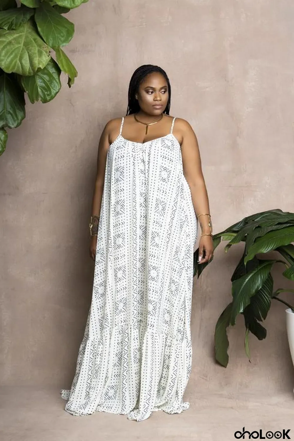 Plus Size Women Printed Straps Long Dress