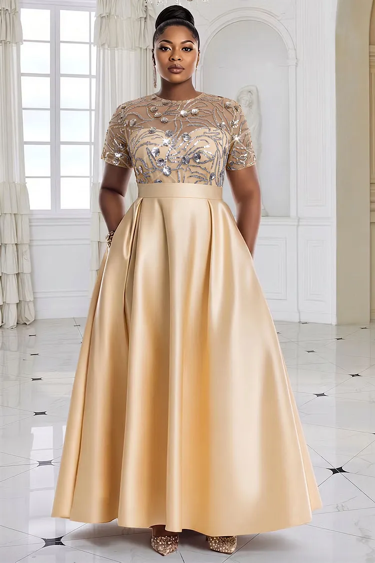 Xpluswear Design Plus Size Formal Elegant Sequin Champagne Round Neck Short Sleeve Pocket Sequin Satin Maxi Dresses [Pre-Order] 2024 - Xpluswear