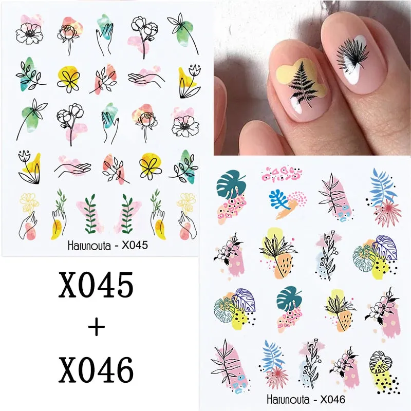 Harunouta Sexy Girl Geometric Lines Nail Water Stickers Set Spring Simple Flower Leaves Decals Sliders DIY Nail Art Decoration