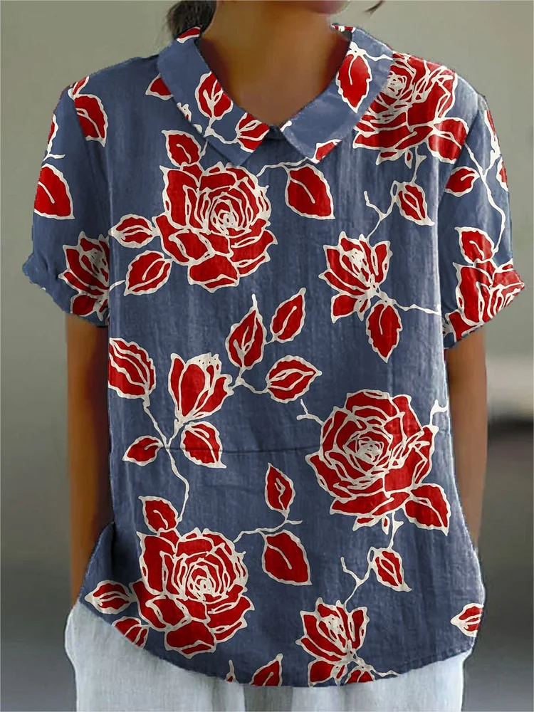 Women's Flower Print Casual Cotton And Linen Shirt