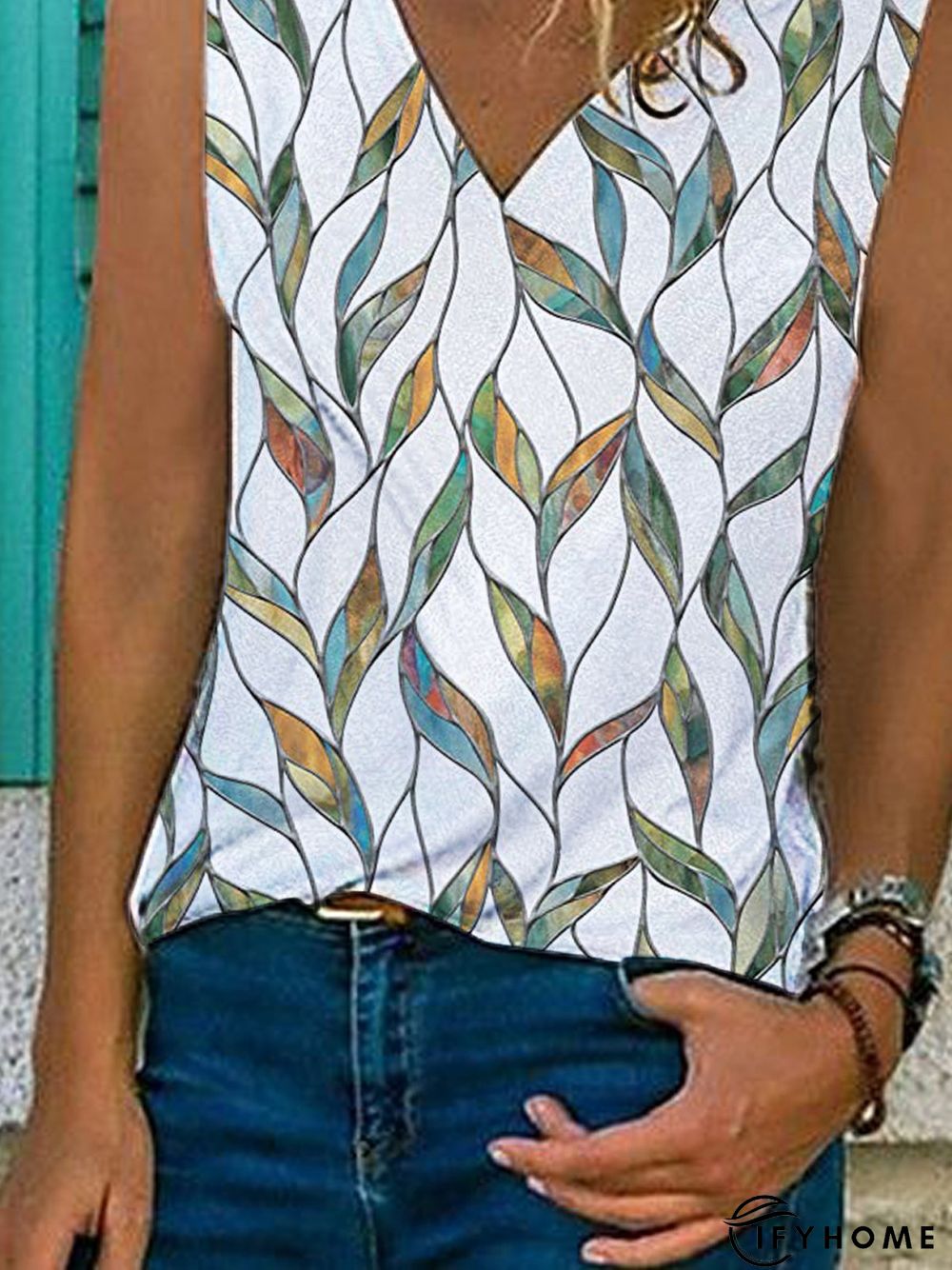 Geometric Sleeveless Printed Cotton-blend V neck Vintage Summer White Top | IFYHOME
