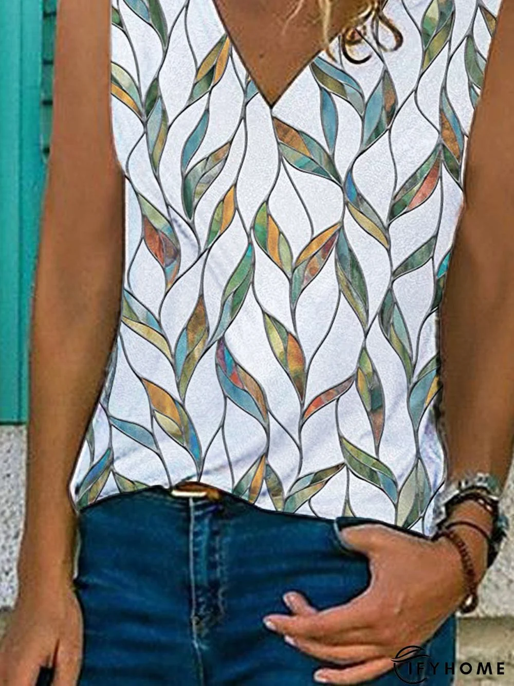 Geometric Sleeveless Printed Cotton-blend V neck Vintage Summer White Top | IFYHOME