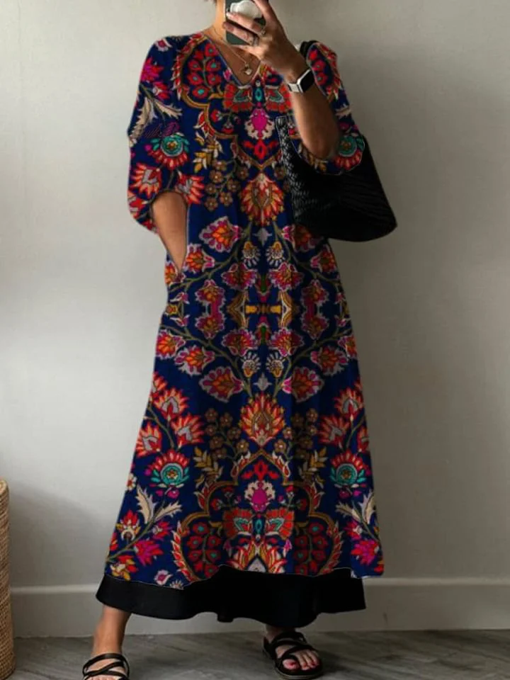 Women's Vintage Pattern Dark Flowers Print Pocket V-neck Cotton Dress