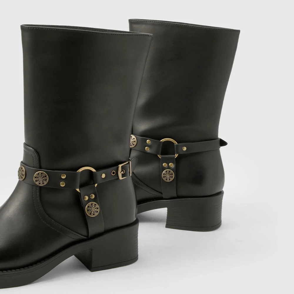 Black Square Toe Studded Block Heel Mid Calf Boots for Women