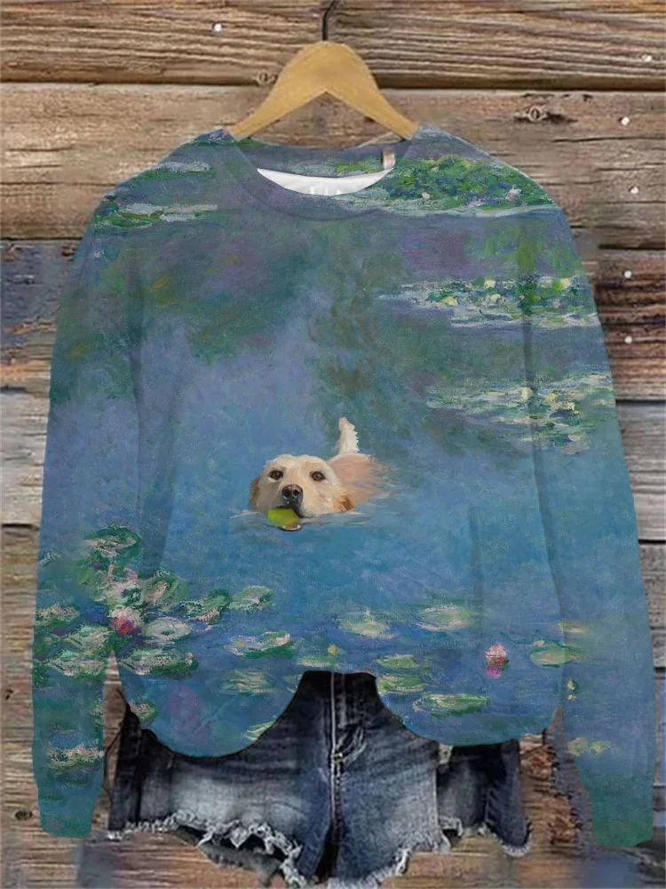 Oil Painting Inspiration Swimming Dog Print Sweatshirt