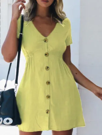 Uveng Street Hipster Solid Color V-neck Slim-fit Button High Waist Dress