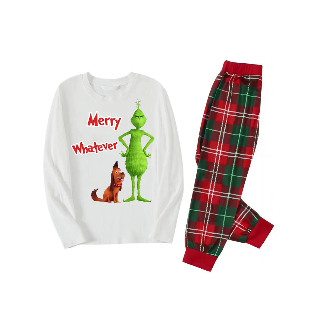 "Merry Whatever" and Cartoon Pattern Printed Red & Green Plaid Family Matching Pajamas