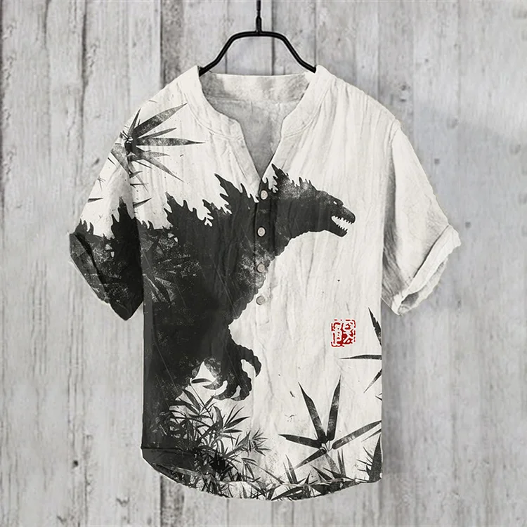 Vintage Godzilla & Bamboo Forest Japanese Art Linen Blend Shirt