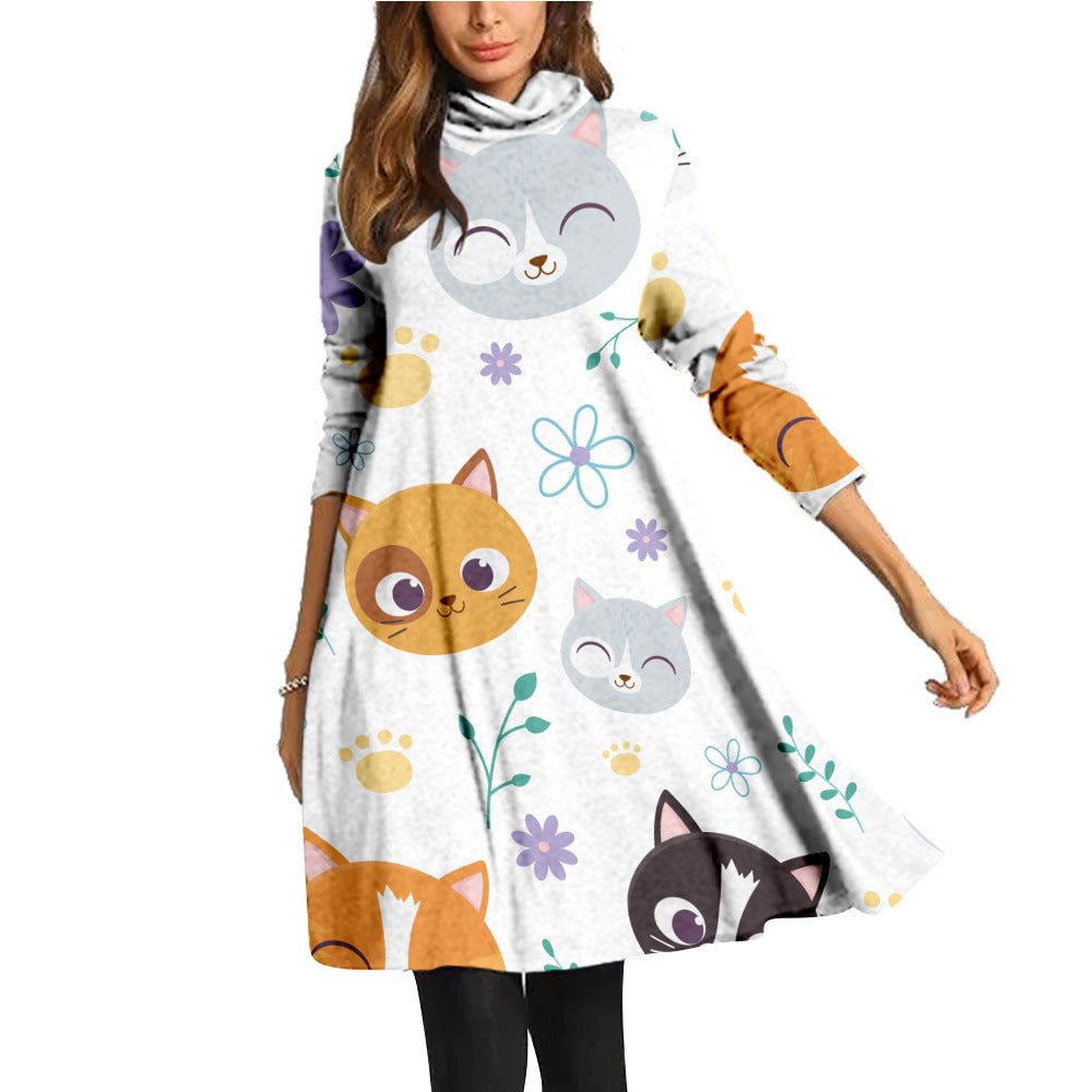 Women's Turtleneck Long Dress Mid-length Stitching Cute Cat Printing