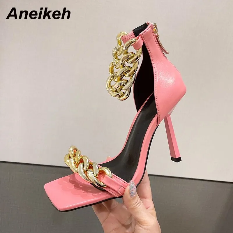 Aneikeh Summer Women Shoes 2021 Patent Leather Party Metal Decoration PU Ankle-Wrap Fashion Sandalias Leopard Shallow ZIP Solid